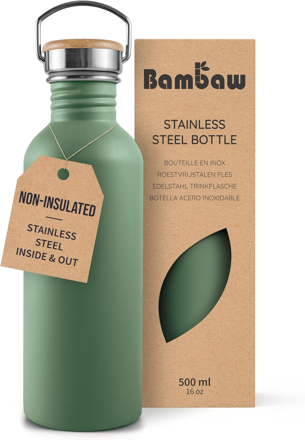 Stainless Steel Water Bottle, 500 Ml, Green Water Bottle, Non-Insulated Sports Bottle, Children'S Metal Bottle, Bicycle Bottle, Bpa-Free – Sage Green