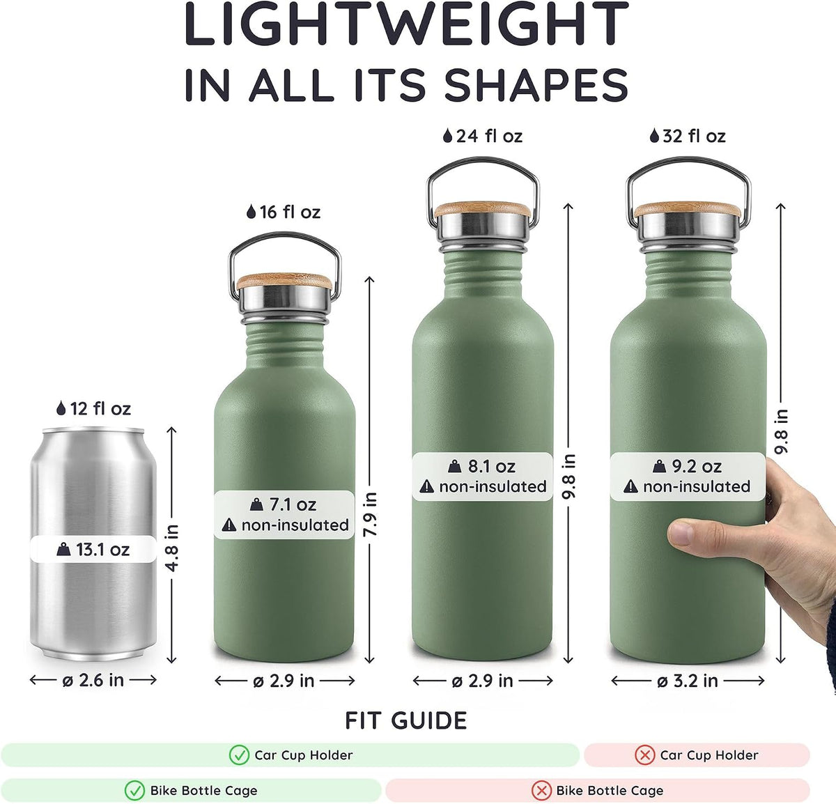 Stainless Steel Water Bottle, 500 Ml, Green Water Bottle, Non-Insulated Sports Bottle, Children'S Metal Bottle, Bicycle Bottle, Bpa-Free – Sage Green