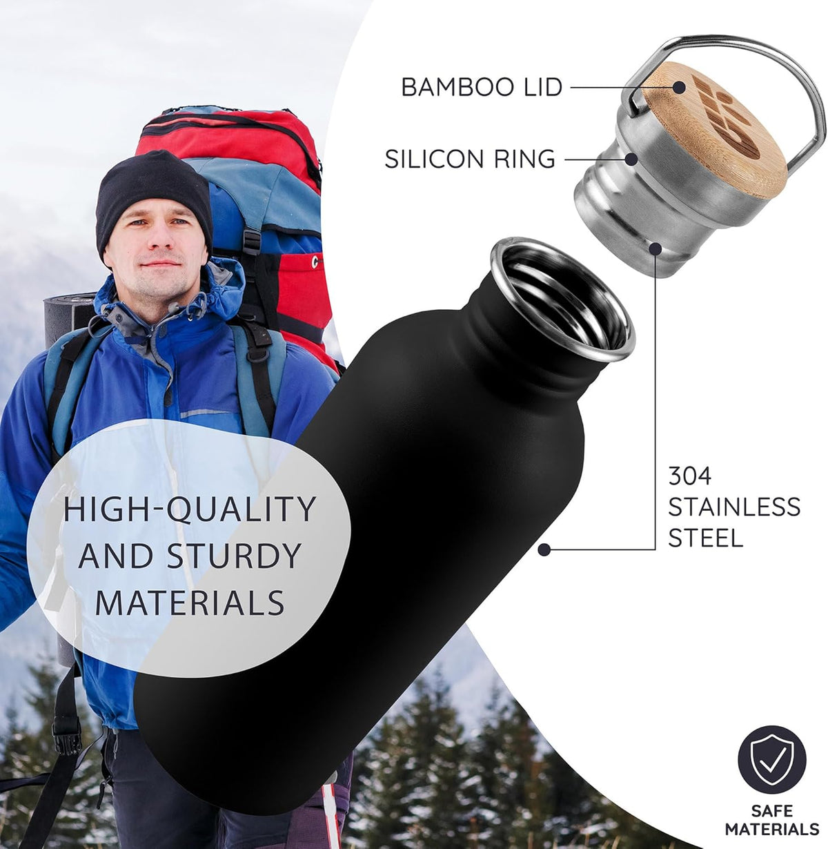 Stainless Steel Water Bottle, Black Sports Bottle, Non-Insulated Water Bottle, 1L Stainless Steel, Reusable Bottle, Metal Bottle, Bpa-Free – Onyx Black