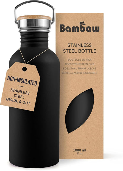 Stainless Steel Water Bottle, Black Sports Bottle, Non-Insulated Water Bottle, 1L Stainless Steel, Reusable Bottle, Metal Bottle, Bpa-Free – Onyx Black