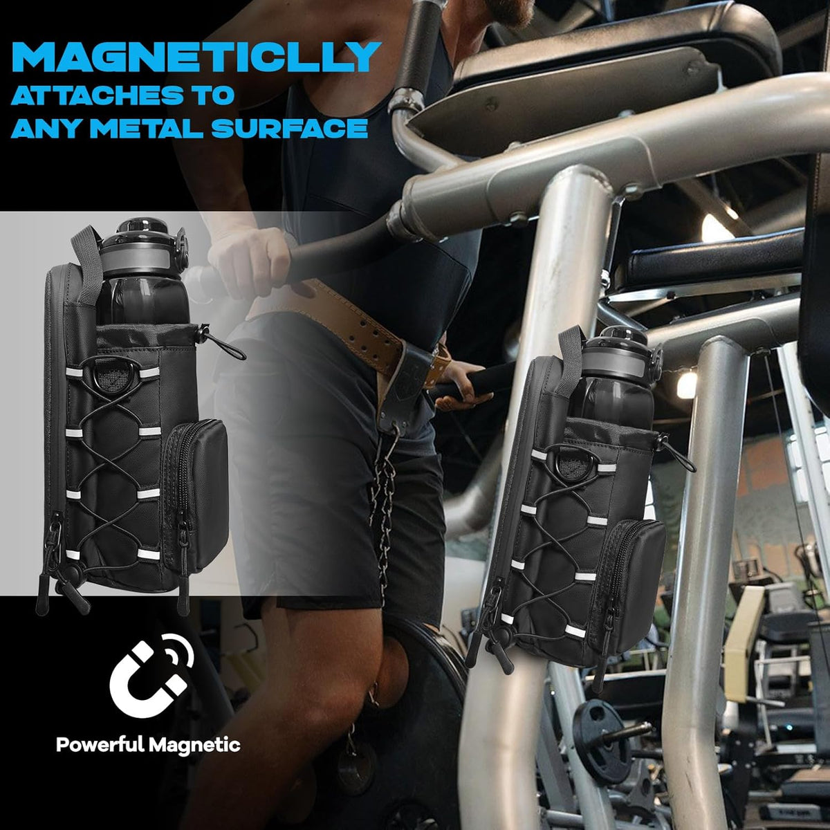 Magnetic Gym Bag, Magnetic Water Bottle Holder & Small Gym Bag, Gym Gifts for Women and Men (Black, <40 OZ)