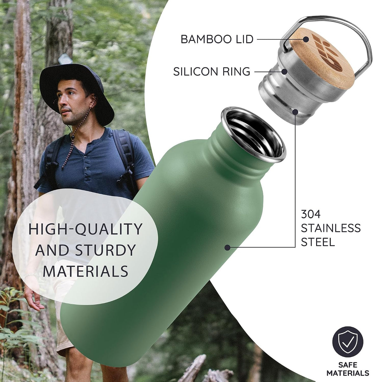 Stainless Steel Water Bottle, 500 Ml, Green Water Bottle, Non-Insulated Sports Bottle, Children'S Metal Bottle, Bicycle Bottle, Bpa-Free – Sage Green